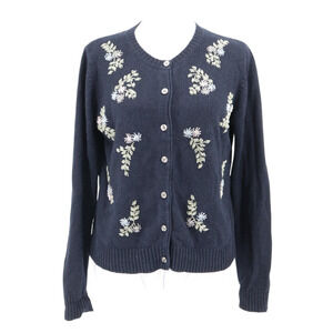 Vintage Beaded Floral Cardigan Womens Blue Cottage Grandma Core Layering Size S